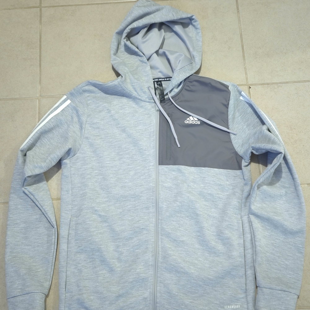 Adidas Men's Gray and White Hooded Jacket